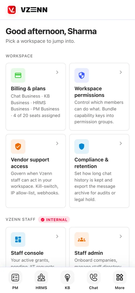 Vzenn on mobile — workspace home