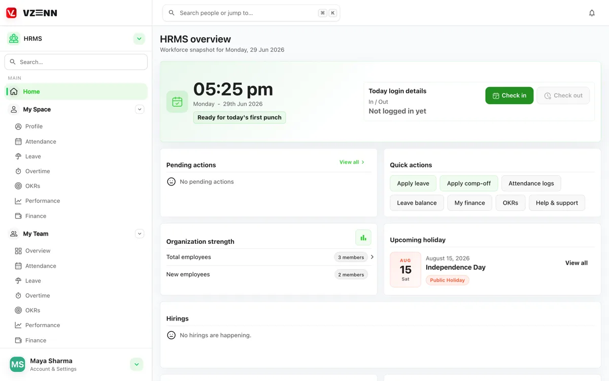 Vzenn HRMS overview — attendance, approvals and quick actions